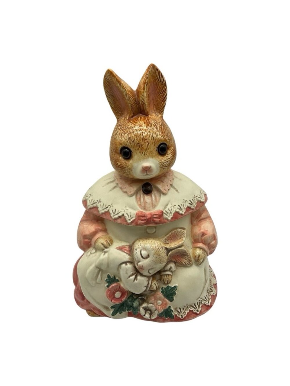 Mother Rabbit Vintage 1980s Ceramic Cookie Jar Made in Japan Pink and White